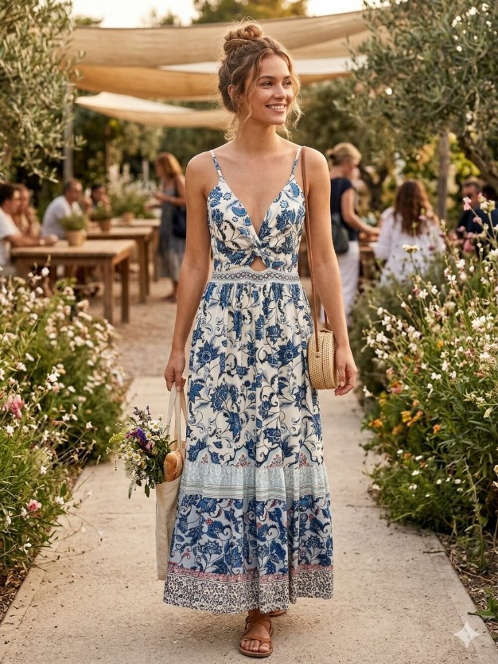 Angie Women Size Medium Blue Floral Print Twist Front Smock Strappy Maxie Dress